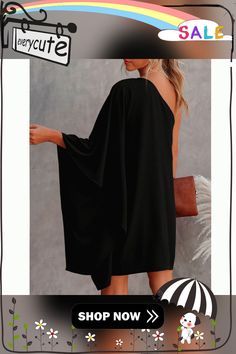 Black Sloping Shoulder One Piece Casual Dress Black One Sleeve Mini Dress For Evening, One-sleeve Black Mini Dress For Summer, Black One-shoulder Mini Dress For Fall, Black One Sleeve Summer Dress, Chic Black One-sleeve Dress, Casual Black One-shoulder Dress, Women Dresses Casual, Casual Dress Women, Women Dresses