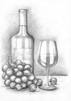 a drawing of a wine bottle and glass next to grapes on a table with an apple