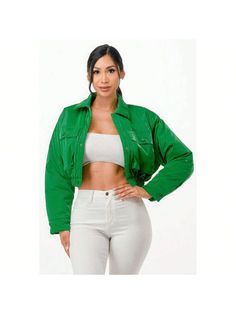 Elevate your outerwear game with our Shiny Puffer Cropped Bomber Jacket, a chic and versatile piece designed to add a touch of style to your wardrobe. Meticulously crafted with attention to detail, this jacket offers both warmth and fashion-forward flair.

Key Features:
1. Fabric: Crafted from high-quality 100% Polyester, providing durability and comfort for all-day wear.
2. Fit: Cropped bomber style with a relaxed fit, ensuring warmth and ease of movement.
3. Color: Available in a stylish Green Trendy Long Sleeve Leather Jacket With Pockets, Trendy Leather Jacket With Padded Collar For Fall, Green Leather Jacket With Pockets For Spring, Trendy Long Sleeve Utility Jacket For Fall, Chic Quilted Jacket For Fall Workwear, Trendy Fall Puffer Jacket With Padded Collar, Puffer Leather Jacket With Long Sleeves For Cold Weather, Trendy Solid Outerwear With Pockets, Trendy Outerwear With Pockets