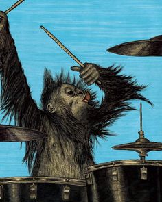 a drawing of a monkey playing drums