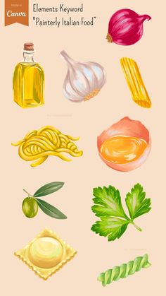 an illustration of different types of food on a pink background with the title elements keyword pantry italian food