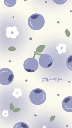 an image of blueberries and flowers on a white background with japanese writing in the middle