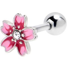 Product Details16 Gauge 1/4 Clear Gem Perfectly Pink Flower Cartilage Tragus Earring Look as perfectly pink as you could want with this 16 gauge floral tragus stud. It is made with a 6mm durable 316L surgical grade stainless steel straight barbell with a 4mm ball end. It features a flower charm, inlaid in shades of pink and features a clear gem at the center. It is further embellished with textured detailing around the center. You can even rock it in multiple piercings including tragus, helix, a Nickel-free Pink Flower-shaped Jewelry, Adjustable Pink Flower-shaped Jewelry, Pink Internally Threaded Piercings For Gifts, Pink Internally Threaded Piercings As Gift, Nickel Free Pink Flower Earrings, Nickel-free Round Pink Flower Earrings, Round Pink Nickel-free Flower Earrings, Adjustable Nickel-free Pink Flower Earrings, Adjustable Hypoallergenic Pink Flower Earrings