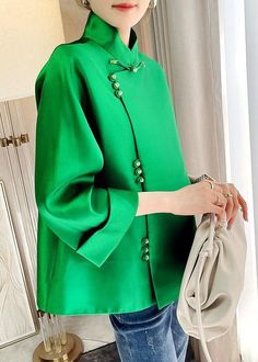 Chinese Blouse, Persian Fashion, Collarless Shirt, Special Dresses, Comfortable Room, Silk Jacket, Green Button, Fashion Blouse Design, Abayas Fashion