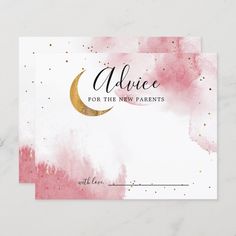 a pink and gold watercolored business card with the words advice for the new parents