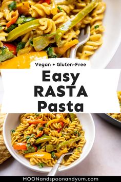 vegan and gluten - free easy rasta pasta with vegetables in a white bowl