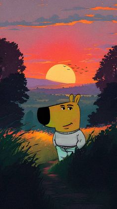 a cartoon dog is standing in the grass at sunset with trees and bushes around him