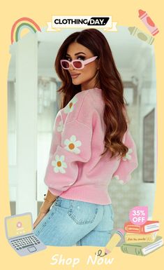 Floral Pattern Drop Shoulder Pink Sweater Winter Sweaters, Sleeves Pattern, Pink Sweater, Drop Shoulder, Stay Warm, Sweater Top, Sweaters & Cardigans, Floral Pattern, Length Sleeve