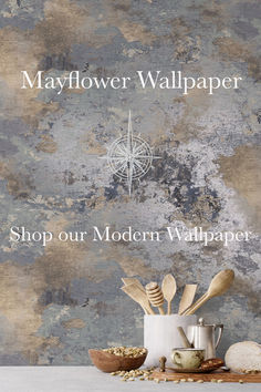 the cover of mayflower wallpaper is shown with spoons and bowls