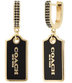 From COACH&#x2C; these earrings feature: Hoop earringsBrass/Enamel/Cubic Zirconia Adorned with glistening pave and dangling black enamel signature hangtag with iconic logoHinge closureApprox. 1.5" length Includes COACH pouchImported. Huggies Hoop Earrings, Coach Earrings, Coach Jewelry, Coach Logo, Black Earrings, Rhinestone Jewelry, Accessories Jewelry Earrings, Black Enamel, Women Accessories Jewelry