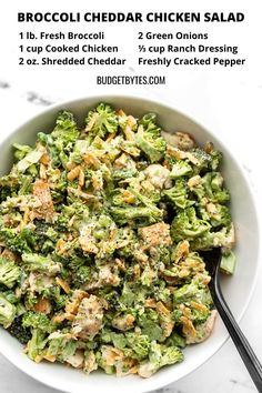 broccoli cheddar chicken salad in a white bowl