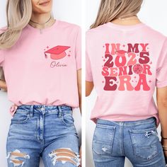 Personalized In My Senior Era T-shirt, Class of 2025, Senior 2025 Shirt, Custom Graduation Gift, High School Tee, College Matching T-shirt 🌟Welcome to our collection of stylish and comfortable t-shirts specially designed for fashion enthusiasts!🌟 PRODUCT DETAILS: We take pride in using premium shirts from Bella Canvas and Gildan Soft Style for our prints. *Bella Canvas* - Unisex sizing - Lightweight at 4.2 oz. - Available in various compositions including 100% Combed Cotton, Ring-Spun Cotton, and Polyester blends. *Gildan Soft Style* - Unisex sizing - Available in different fabric compositions, including Ring Cotton, Polyester blends, and 100% Ring Cotton. If you would like either of these brands, please let us know. Otherwise, we will send you the one we have in stock. HOW TO ORDER: 👀 Senior Era, Custom Graduation Gift, Class Of 2025, School Tees, Different Fabrics, Soft Style, Graduation Gifts, Combed Cotton, Bella Canvas