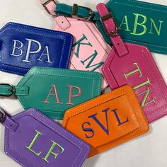 Identifying your luggage is much easier with these colorful personalized luggage tags. They are a necessity for sports bags, backpacks, totes and suitcases. ​100% leather luggage tags with embroiderable flap ​Approximately 4" x 2.75" ​Identification card is covered to protect personal information Includes a standard monogram or font STANDARD MONOGRAMS : FONTS Embroidery Luggage Tags, Lv Luggage, Luggage Design, Cricut Gift Ideas, Luggage Stand, Happy Accidents, Personal Gifts, Personalized Luggage, Sports Bags