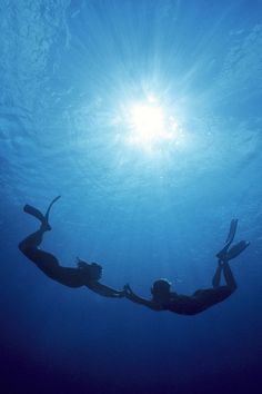 two people are swimming in the ocean with their feet up and one person is diving