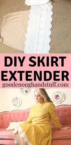 girl wearing a yellow dress and a white lace skirt extender. a half slip with white lace T Shirt Extender Diy, Skirt Extender Diy, Diy Slip Skirt, Under Skirt Pattern, Skirt Extender Outfit Ideas, Dress Too Short Solution, Modesty Panel Diy, Diy Lace Shirt Extender, Skirt Under Dress