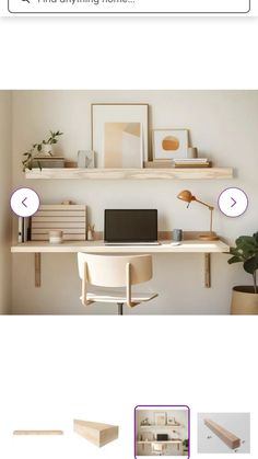 an image of a computer desk with shelves and pictures on the wall in front of it