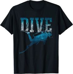 a black t - shirt with the words dive in blue water and a shark on it