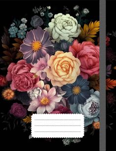 an image of flowers on a black background with a white border in the center and bottom corner