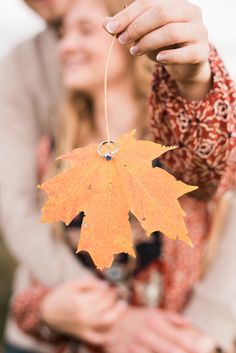 a couple holding an orange leaf in their hands