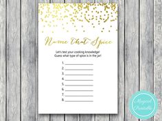 gold confetti themed baby shower game with the words name that space on it