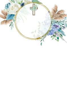 a white and blue floral frame with a cross hanging from it's center surrounded by greenery