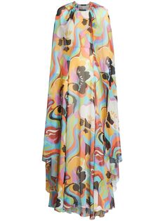 multicolour silk chiffon cape design all-over graphic print round neck long sleeves concealed rear zip fastening straight hem floor-length Multicolor Printed Chiffon Maxi Dress, Multicolor Flowy Maxi Dress For Party, Summer Multicolor Silk Chiffon Maxi Dress, Multicolor Silk Chiffon Maxi Dress For Spring, Multicolor Printed Dress With Flowy Skirt, Etro Dress, Cape Designs, Silk Print Dress, Floor Length Dresses