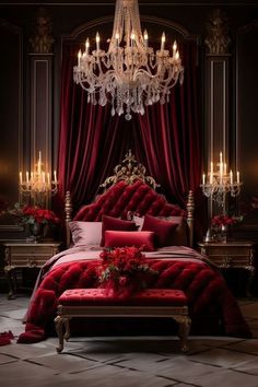 a bed with red sheets, pillows and chandelier