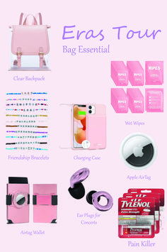 the contents of a pink purse, cell phone and other items are shown in this image