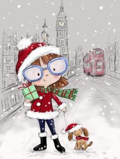 a drawing of a girl wearing glasses and holding a christmas present while standing in the snow