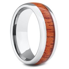 the men's wedding band with an exotic wood inlay is made from stainless steel