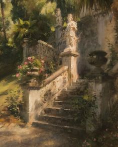 a painting of steps leading up to a garden