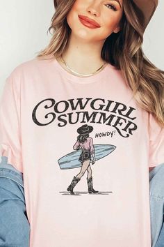 COWGIRL SUMMER WESTERN GRAPHIC TEEPREMIUM COTTONUNISEX SIZINGCLASSIC FIT Cute Summer Tops For Summer Adventures, Cute Tops For Summer Adventures, Cotton Crew Neck Top For Summer Activities, Pink Tops With Letter Print For Summer Adventures, Casual Letter Print Tops For Summer Activities, Cotton Tops With Letter Print For Summer Activities, Casual Crew Neck Tops For Summer Activities, Pink T-shirt For Summer Adventures, Graphic Tee With Letter Print For Summer