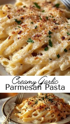 creamy garlic parmesan pasta on a white plate