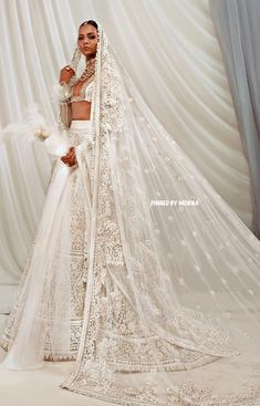 a woman in a white wedding dress with a veil on her head and feathers around her neck