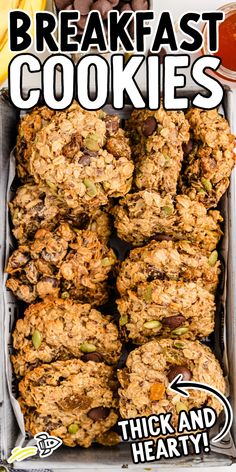 an image of breakfast cookies in a box with text overlay that reads, break fast cookies thick and hearty