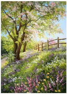 an oil painting of a tree and flowers in the grass by a fence on a sunny day