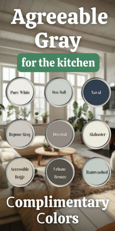 an advertisement for the kitchen and living room color scheme, with different colors on it