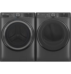 the front load washer and dryer are side by side, both in black