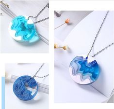 three different pictures of blue and white necklaces