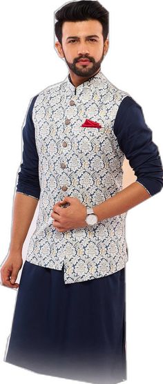 Cotton Nehru Jacket For Navratri Designer Wear, Cotton Bandhgala With Printed Motifs For Festive Occasions, Designer Cotton Bandhgala For Diwali, Blue Cotton Bandhgala With Zari Work, Blue Bandhgala For Navratri Designer Wear, Festive Nehru Jacket With Printed Motifs For Diwali, Designer Cotton Nehru Jacket With Dabka, Festive Bollywood Nehru Jacket With Printed Motifs, Bollywood Nehru Jacket With Printed Motifs For Festive Occasions