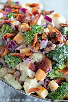 broccoli, cauliflower and bacon salad in a bowl