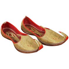 Amazing vintage Moorish Middle Eastern gold and red leather embroidered shoes. Ceremonial Royal leather wedding slippers, embroidered with gold thread. Aladdin, Ali Baba Arabic genie Ottoman style Classic curled toe amazing to use as decorative objects or to use them for your next Moroccan or Indian party. Handmade leather flat slip on shoes with pointy toes. Measures: 12" x 4". Hand stitched and hand tooled leather shoes with hand embroidered with gilt metallic threads. Amazing Mughal style gol Traditional Wear With Gold Embroidery For Festivals, Gold Traditional Wear For Reception, Formal Traditional Wear, Traditional Wear For Formal Transitional Season, Traditional Formal Wear For Transitional Season, Ceremonial Traditional Wear With Gold Embroidery For Festivals, Designer Gold Traditional Wear For Formal Occasions, Designer Gold Traditional Wear For Formal Events, Designer Gold Traditional Wear For Transitional Season