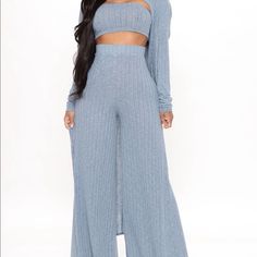 Very Confront-Able And Has Some Stretch. Only Worn Once And In Great Condition. Back In Stock ! Casual Wide Leg Two-piece Bottoms Set, Casual Two-piece Set With Wide Leg Bottoms, Casual Wide-leg Two-piece Bottoms Set, Casual Blue Two-piece Bottoms, Wide Leg Blue Jumpsuit For Day Out, Blue Wide-leg Jumpsuits And Rompers For Day Out, Solid Wide Leg Two-piece Bottoms, Casual Blue Two-piece Bottoms Set, Solid Color Wide Leg Two-piece Bottoms