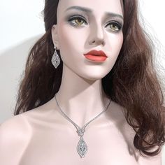 "Stunning Hollywood glamour bridal jewelry featuring statement wedding necklace and old vintage style Victorian bridal earrings on sterling posts, made of top-grade clear cubic zirconia in bright silver rhodium tarnish-resistant base. You may choose earrings only, necklace only or earrings necklace set. Earrings measure about 1 7/8\" (4.8cm) with posts. Necklace total length measures 17\" (43 cm) when opened up and put on a straight line. It secures with a snap clasp. View matching pieces or sim Bridal Earrings Chandelier, Earrings Necklace Set, Crystal Wedding Jewelry, Bridal Earrings Drop, Gatsby Wedding, Set Earrings, Crystal Dangle Earrings, Vintage Style Wedding, Wedding Bridal Jewellery