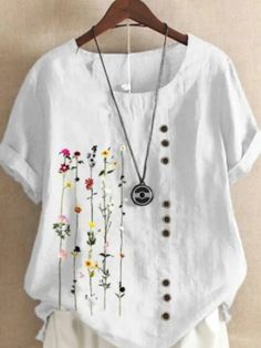 Women's Shirt Blouse White Blue Green Graphic Floral Short Sleeve Daily Casual Crew Neck Cotton L 8581887 2023 – $19.99 Linen Casual, Style Japonais, 자수 디자인, Linnet, Summer Style Casual, Floral Print Shorts, Women Shirts Blouse, Linen Top, Sierra Leone