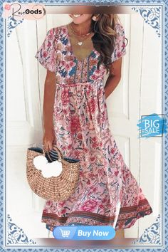 Casual Floral Short Sleeve V Neck Printed Dress Casual Pink V-neck Boho Dress, Pink Non-stretch Midi Dress For Vacation, Casual Pink Boho Dress With V-neck, Non-stretch Pink Midi Dress For Vacation, Pink Non-stretch Bohemian Dress, Casual Short Sleeve Dresses With Boho Print, Spring Printed Boho Dress With Short Sleeves, Spring Boho Dress With Short Sleeves And Print, Spring Boho Dress With Short Sleeves