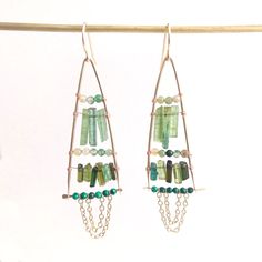 Green Fusion Style Drop Chandelier Earrings, Fusion Style Green Chandelier Drop Earrings, Green Bohemian 14k Gold Filled Earrings, Green Moss Agate Earrings For Gift, Green Natural Stones Fusion Earrings, Green Fusion Earrings With Natural Stones, Handmade Tourmaline Dangle Earrings, Green Natural Stone Fusion Earrings, Unique Green Wire Wrapped Earrings