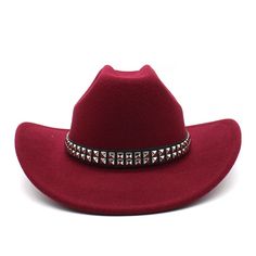 Add a touch of vintage elegance to your look with this unisex cowboy hat. Crafted with a blend of cotton and polyester, it offers both comfort and durability. The solid pattern adds a sophisticated flair, making it suitable for various occasions. Whether you're a fashion enthusiast or simply looking to elevate your style, this hat is a timeless choice. Don't miss out on this fashionable accessory. Western Felt Hat With Flat Bill For Winter, Western Style Felt Hat With Flat Bill For Winter, Western Flat Bill Felt Hat For Winter, Western Style Flat Bill Felt Hat For Winter, Winter Top Hat For Western-themed Events, Winter Rodeo Felt Hat With Flat Bill, Western Style Top Hat For Winter Outdoor, Western Red Hat Bands For Winter, Red Western Hat Bands For Winter