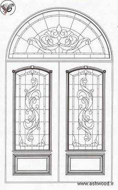 a drawing of an arched glass door with decorative designs on the front and side panels