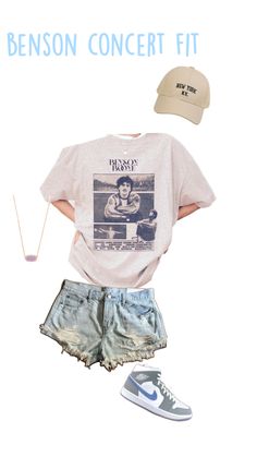 a white shirt, shorts and hat with the words benson concert fit on it